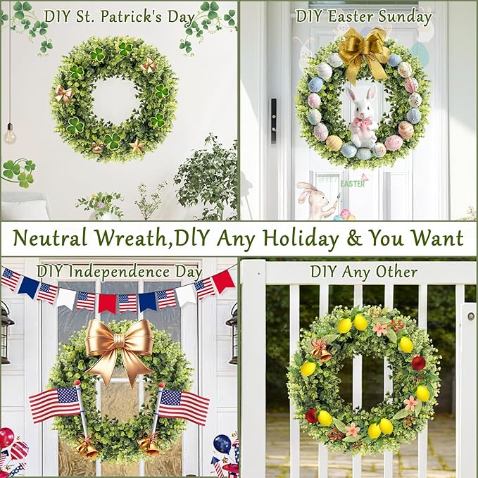 24In Large Boxwoods Door Wreaths for Front Door Spring Summer Outside All Season Green Year Round Artificial Greenery Wreath for Wall Window Rustic Farmhouse Home Outdoor Indoor Decorations