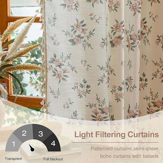 OYX Pink Boho Floral Window Curtains 63 Inch Long 2 Panels, French Vintage Farmhouse Vintage Country Rustic Tassels Printed Drapes for Living Room Bedroom, Rod Pocket Light Filtering Decor Aesthetic