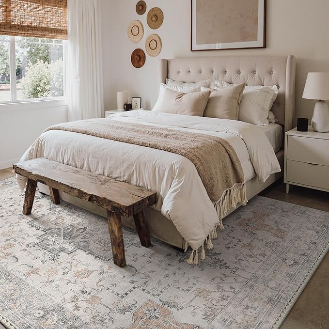 GENIMO 4x6 Area Rugs for Living Room, Machine Washable Low Pile Vintage Rugs, Non Slip Lightweight Chenille Print Rug for Bedroom, Dining Room, Home Office, Light Taupe Brown