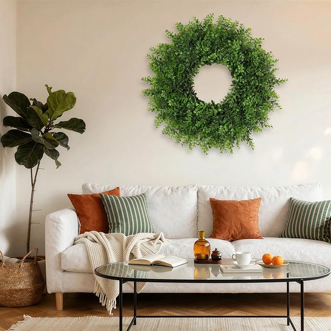 Boxwoods Wreaths for Front Door 26 Inch Large Artificial Green Leaves Greenery Indoor Outdoor Wreath Home Decor Porch Window Wall Farmhouse Door Decorations Spring Summer Fall All Seasons