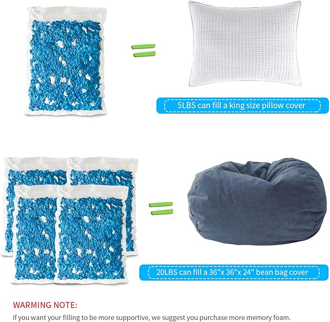 10lbs Bean Bag Filler, Pillow Bean Bag Stuffing Filling, Shredded Memory Foam Filling, Punching Bag Filler, Foam Refill for Pouf/Ottoman Stuffing/Couch/Boxing Bag, Added Gel Particles