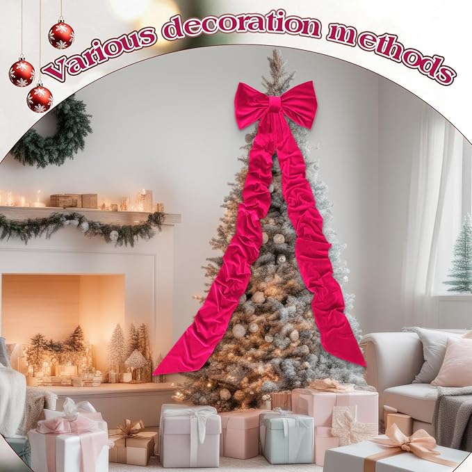 Christmas Tree Topper Bow 90x18 Inch Giant Large Velvet Bow with Long Streamers Huge Decorative Wrapping Gift Decor for Xmas Tree Front Door Patio Outdoor Wedding Arch(Hot Pink)