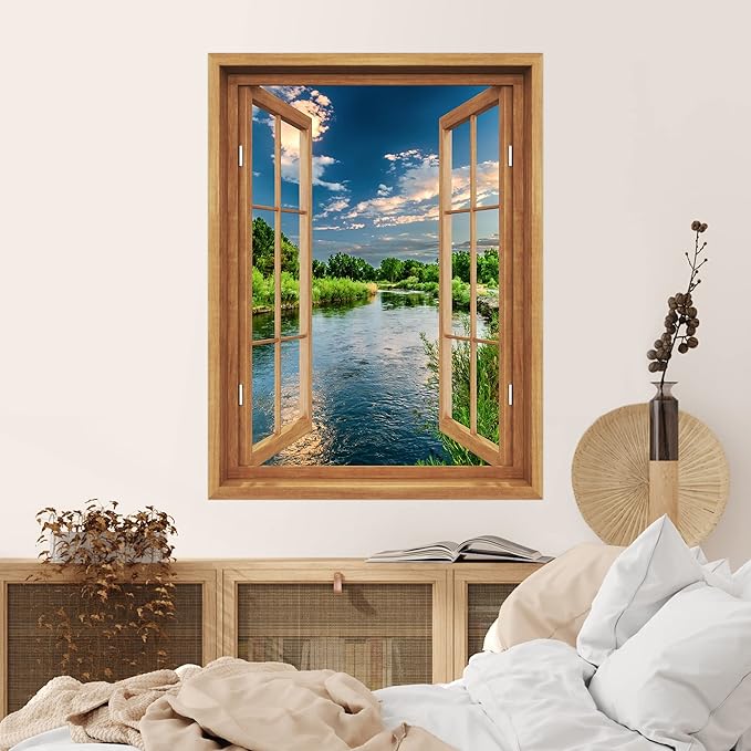 SIGNWIN Removable Wall Sticker/Wall Mural Window View Cloudy Green Forest Tree Lake Nature Wilderness Photography Realism Decorative Landscape Digital Art for Living Room, Bedroom, Office - 24"x32"