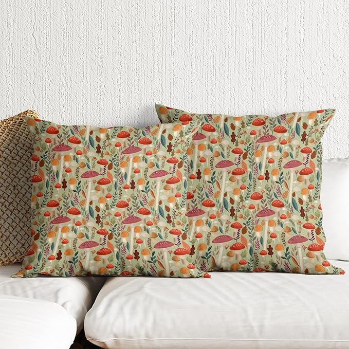 Boho Pillow Covers 18x18 Inch Fun Mushroom Botanical Print Pillow Protectors with Zipper Standard Size Ustic Nature Plant Bed Pillowcases Spring Colorful Floral Bed Pillow Covers Set of 2