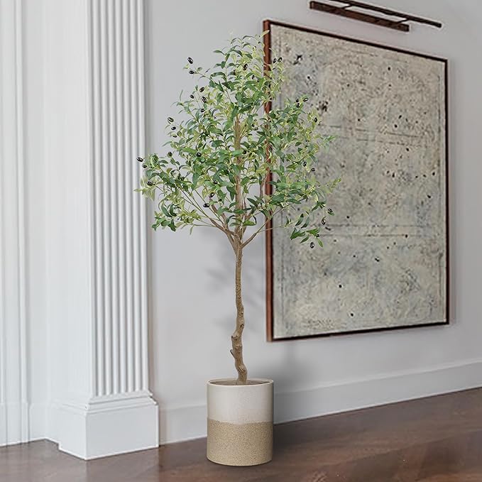 ANTING Artificial Olive Tree, 6FT Tall Faux Olive Tree with Pot, 72in Artificial Plants Indoor Silk Plants with Realistic Trunk,1150 Leaves and Lifelike 44 Fruits for Home Office Decor Outdoor（1pack）