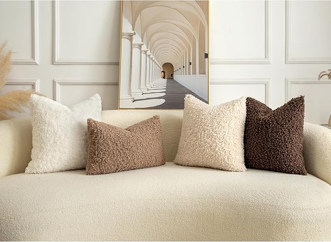 Pack of 2 Curly Teddy Wool Faux Fur Throw Pillow Covers Fuzzy Accent Soft Sherpa Pillowcases Sheepskin Fleece Decorative Cushion Case for Sofa Couch Living Room 20x20 Inch Chocolate