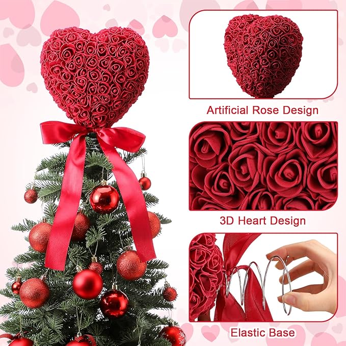 Soulchen Valentine Day Tree Topper 11.8 Inch Red Heart Tree Topper with Bow Artificial Rose Flower Valentines Trees Ornaments for Valentine's Day Wedding Holiday Party Supplies