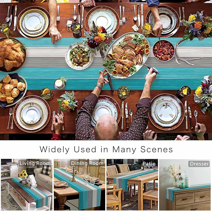 Vandarllin Farmhouse Cotton Linen Table Runner Dresser Scarf Retro Rustic Barn Wood Texture Ombre Aqua Blue Gray Non-Slip Rectangle Settings Decoration for Kitchen Home Dining Holiday,72 inches Long