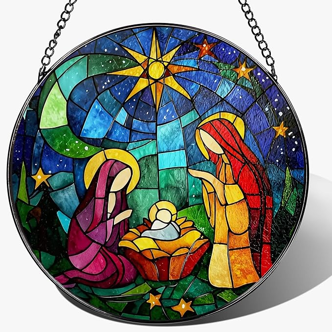 8'' Stained Glass Window Hanging, Nativity Scene Ornament, Religious Ornament, Sun Catcher Window Decor, Christian Holiday Decor, Gifts for Christmas, Christian Gift, Religious Gift