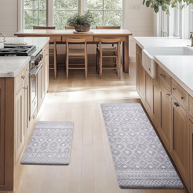 FRESHMINT Anti Fatigue Kitchen Mats for Floor 2 Piece Set, Waterproof & Non-Skid Moroccan Geo Kitchen Rugs, Cushioned Kitchen Mat for Standing Washable Comfort Desk Kitchen Runners, 17x30''+17x47''