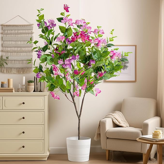 4FT Artificial Bougainvillea Tree Artificial Tree Tall Potted Fake Bougainvillea Trees for Outdoor Indoor Lifelike Potted Faux Plants with Wood Trunk and Flowers Office Wedding Home Decor