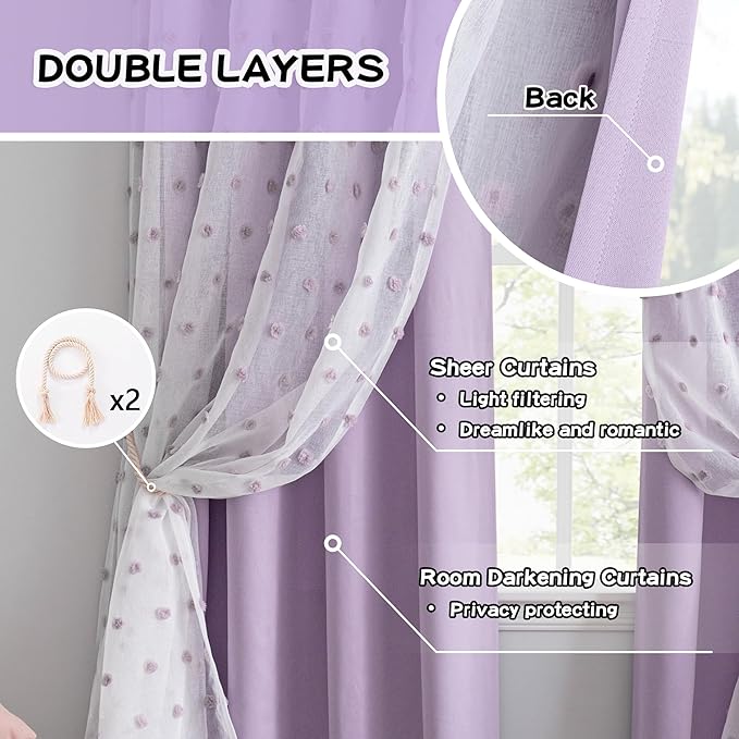 MYSKY HOME Long Curtains for Sliding Door 95 Inch Long Lilac Pom Pom Sheer and Blackout Curtain for Living Room Darkening Double Layer Window Panels for Girls Grommet, Light Purple, 52" Wide, 2 Panels