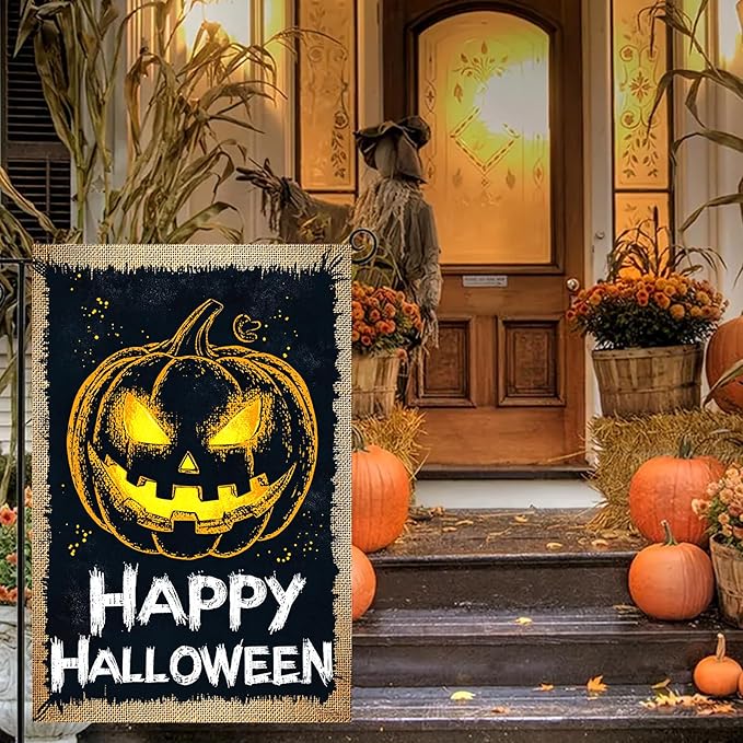 Halloween Garden Flag Burlap Style 12x18 Inch Happy Halloween Pumpkin Banner Vintage Jack O Lantern Yard Flag Double Sided Rustic Fall Outdoor Decor Spooky Porch Lawn Holiday Welcome Sign