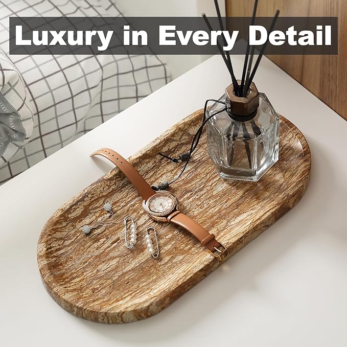 Koville Turkish Natural Marble Tray, 12"x6" Vanity Decorative Tray for Countertop Organizer, Catchall Tray for Perfume, Candles, Jewelry Dish