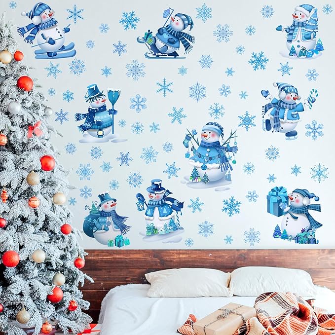 Eersida 65 Pcs Large Winter Wall Decals 6 Sheets Snowman Window Clings Christmas Removable Wall Stickers Blue and White Snowflake Decoration for Home Bedroom Living Room New Year Party Supplies