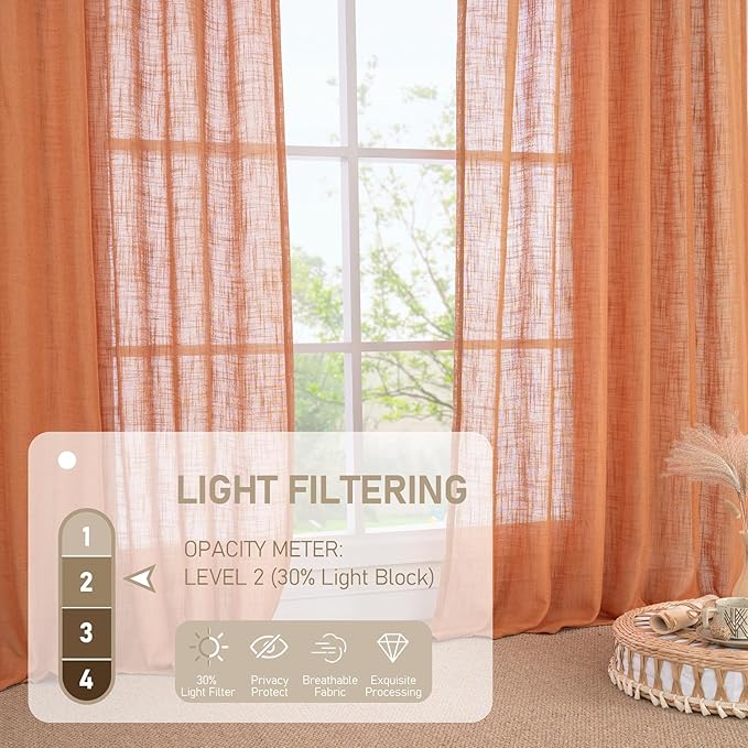 LAMIT Burnt Orange Linen Curtains 45 Inch Length 2 Panels, Light Filtering Panels Back Tab and Rod Pocket Country Decor Drapes for Kitchen/Window/Loft Room/Bedroom, 34 x 45 Inch