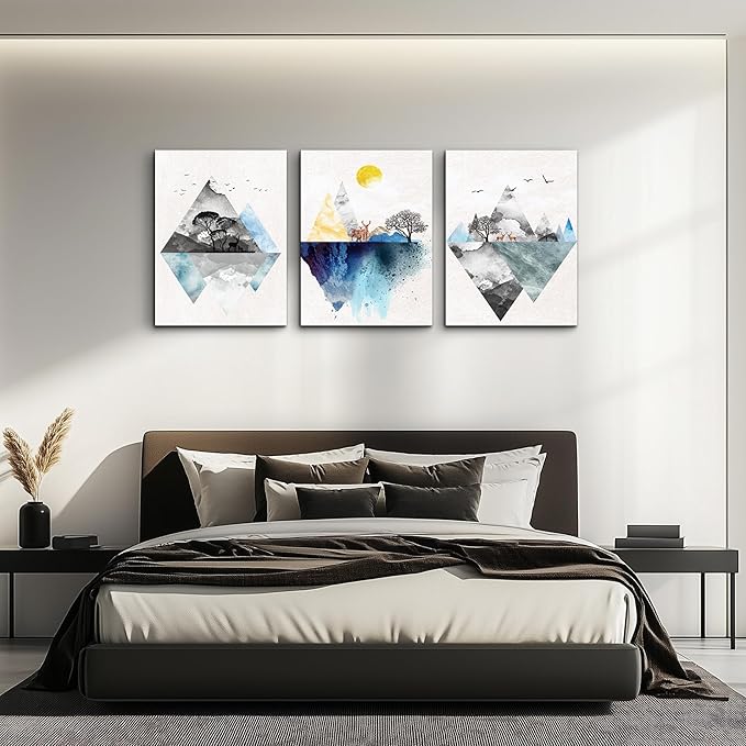 Wall Art for living room Canvas Prints Artwork bathroom Wall Decor Abstract Mountain geometric Picture Watercolor painting 3 Pieces Framed bedroom wall decorations Fashion Office Home decoration