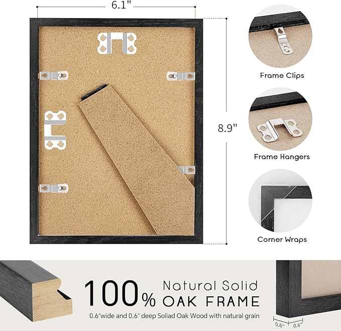 6x8 Oak Wood Picture Frame - Minimalist 6x8 Picture Frame, 6"x8" Frame Wood, Natural Solid Wooden Picture Frames for Wall Art Photo and Prints(3 Pack, Black)