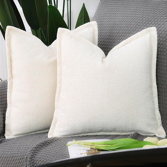 MADIZZ Chenille Velvet Throw Pillow Covers with Flange Set of 2 Super Soft Boho Textured Pillow Covers Decorative Throw Pillowcases Modern Farmhouse Home Decor for Sofa Bedroom Cream 16x16 Inch