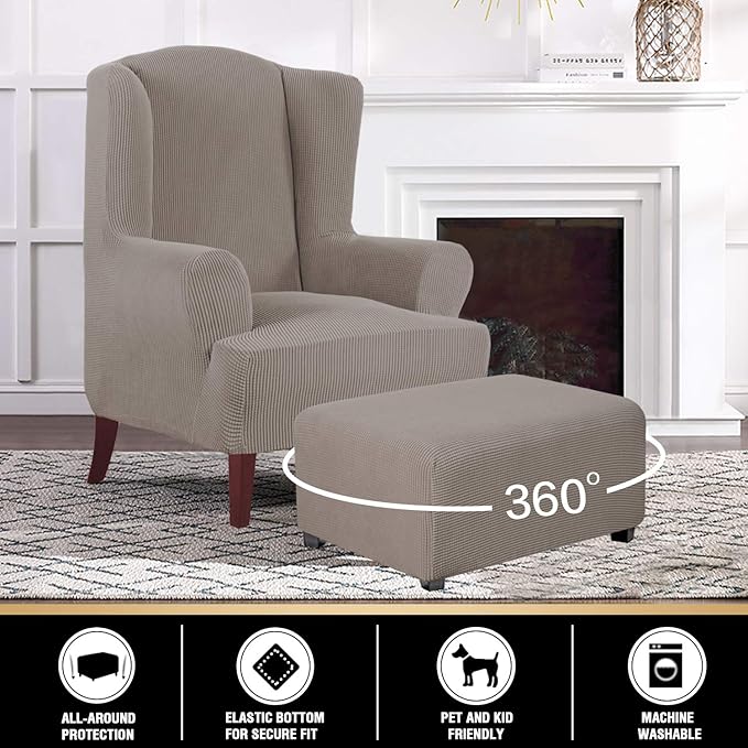 Stretch Ottoman Cover Ottoman Slipcovers Rectangle for Living Room Foot Stool Stretch Covers to Fit Ottoman Foot Rest, Thick Checked Jacquard Fabric with Elastic Bottom (Standard Size, Taupe)
