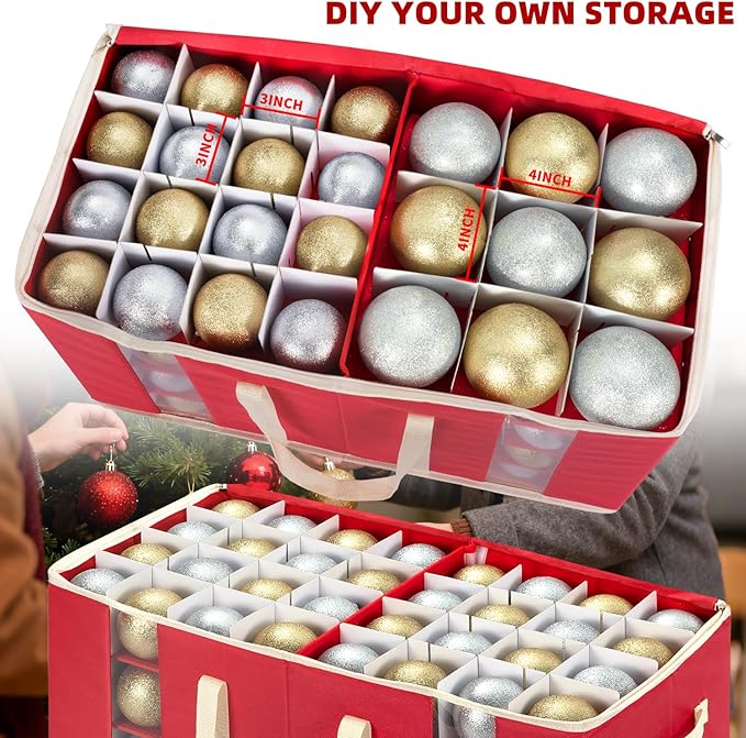 JY COOKMENT Christmas Ornament Storage Box with Adjustable Dividers, Large Holiday Ornaments Storage Container Bin with Zippered Top for Xmas Decorations (128-3" Balls, Red, Without Tray)