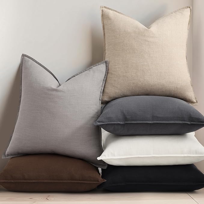 decorUhome Christmas Decorative Linen Throw Pillow Covers 22x22 Inch Set of 2 Light Grey Soft Pillow Covers with Flange Edges Soft Farmhouse Boho Accent Pillow Cases for Couch Sofa Bed Living Room