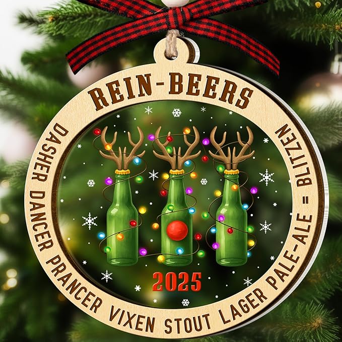 Rein-Beer 2025 Christmas Tree Ornaments - Beer Lovers Gifts for Women, Men Drinker - Best White Elephant Prank Ornaments - Gifts for The Beer Drinker - 2 Layers Wood Acrylic Ornament