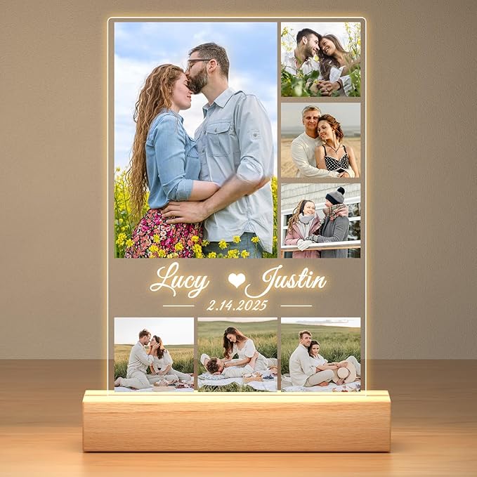 Personalized Christmas Anniversary Couple Gifts for Women Men, Custom Picture Frames with Photo, Personalized Photo Frame with Night Light, Customized Gifts for Girlfriend Boyfriend Her Him