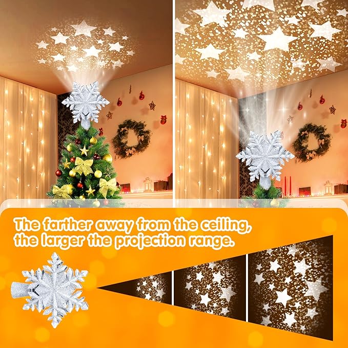 Christmas Tree Topper Lighted, Rotating Star Pattern Projector, 3D Hollow Glitter Lighted Snow Tree Topper for Xmas Party Holiday Christmas Tree Decorations(Silver Snow)