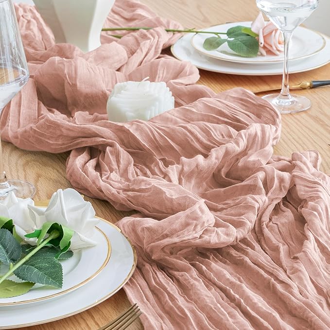 6PCS Table Runner Cheesecloth 10FT Dusty Pink Boho Gauze Cheese Cloth Rustic Sheer Table Runners for Wedding Bridal Baby Shower Party Decoration
