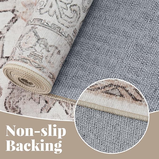 jinchan Lima 9x12 Machine Washable Area Rugs for Living Room - Vintage Floral Stain Resistant Low Pile Ultra-Thin Non Slip Accent Rug for Bedroom Kitchen Dining Room Home Office (9x12ft, Taupe)