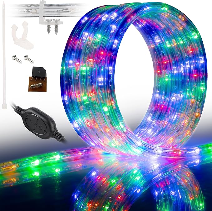 WYZworks 216LEDs, 20ft LED Outside Rope Lights, Waterproof Permanent Outdoor ETL Certified Connectable Clear Tube, Christmas Palm Tree Holiday Decorative Landscape Patio Accent Lighting - Colorful