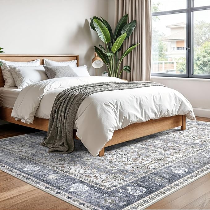 KUTA Vintage Floral Area Rug 6x9 Grey Blue, Washable Rugs for Living Room Non Slip, Ultra Thin Soft Print Distressed Flower Low-Pile Traditional Farmhouse Carpet for Bedroom Dining Room Dorm Office