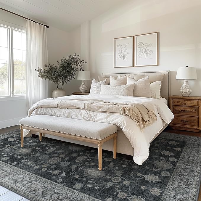 GENIMO Machine Washable 8x10 Area Rugs for Living Room, Non Slip Vintage Rugs, Low Pile Lightweight Chenille Print Rug for Bedroom, Dining Room, Home Office, Charcoal
