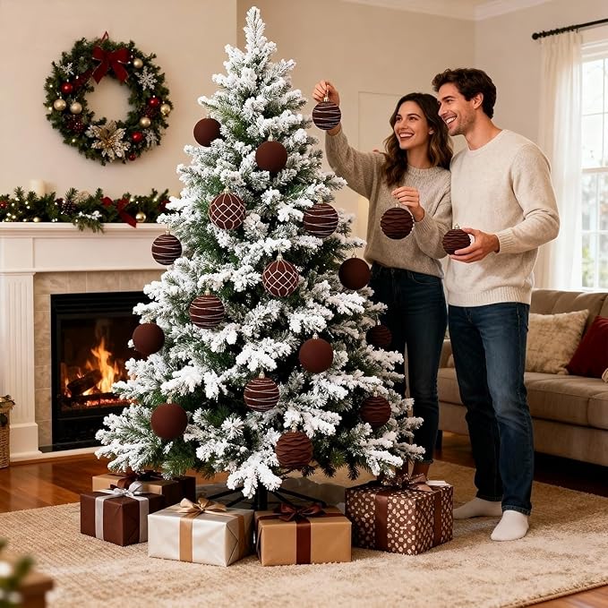 Artmag 12Pcs Velvet Christmas Ornaments Balls Sets for Christmas, Plastic Shatterproof Xmas Tree Flocked 3.15 inch Ornaments Balls for Winter Holiday Decor (Brown)