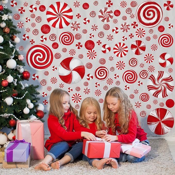 211 Pcs 6 Sheets Christmas Wall Decals Peppermint Wall Stickers Removable Oil Red and Green Candy Stickers Christmas Window Clings for Indoor Living Room Bedroom Nursery Decor(Red)