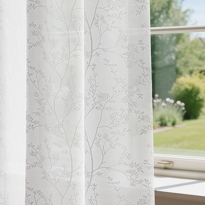 Anmao White Semi Sheer Light Filtering Curtains 102 Inches Long 2 Panels, Branch Pattern Drapes for Living Room Bedroom, Rod Pocket Sheer Window Treatments with Floral Design, 52x102 Inch