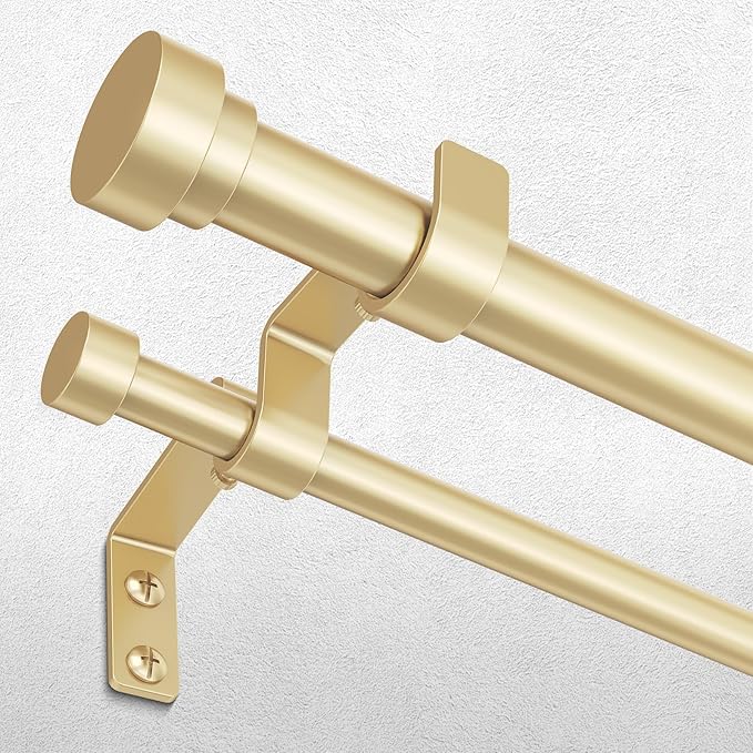 Double Curtain Rod, 1 Inch Gold Long Dual Curtain Rods 84 to 120 Inch with Aluminium Modern End Cap Finial, Adjustable Heavy Duty Window Treatment Rods, Telescopic Metal Double Drapery Pole Set