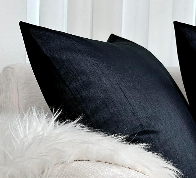 Aiking Home 20x20 Inches Faux Silk Square Throw Pillow Cover, Zipper Closure, Black (Set of 2)