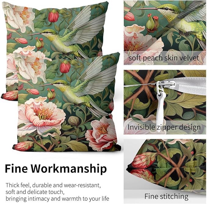 William Morris Pillow Protectors with Zipper Standard Size Hummingbird Print Pillow Covers Set of 2 Vintage Spring Floral Botanical Pillowcases Mid Century Modern Bed Pillow Covers 24"X12"