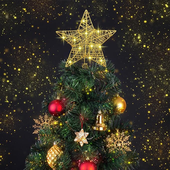 10Inch Christmas Tree Topper Star with LED Lights, Tree Toppers Christmas Tree Decoration, Glittered Metal Christmas Star for Christma Tree Ornament Decor