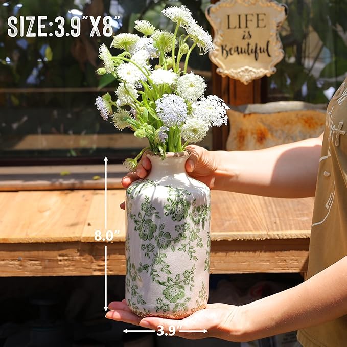 8" Retro Crackle Glaze Ceramic Vase Rustic Green Vases Decorative Vases Farmhouse Home Decor Vase Chinoiserie Vintage Flower Vases