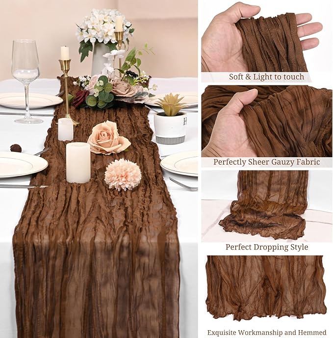 12 Pack Brown Cheesecloth Table Runner 10FT Cheese Cloths for Wedding Decor, 20x120inch Rustic Boho Gauze Table Runners for Wedding Party Bridal Shower Table Decoration