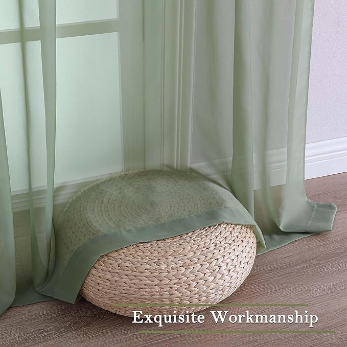 Lecloud Sage Green Sheer Curtains 120 Inches Long 2 Panels, Extra Wide Farmhouse Airy Voile Window Curtains, Solid Sheer Curtain Drapes for Living Room Balcony Big Windows, 59" W x 120" L