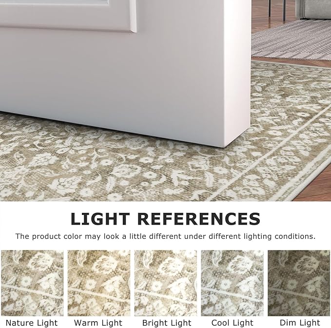 Vintage 3x5 Washable Rug for Entryway, Super Soft Beige Taupe Entryway Rug Non-Slip, Printed Faux Wool Floral Neutral 3x5 Area Rug Thin Floor Carpet for Kitchen, Bedroom, Office, Living Room