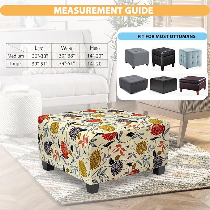 Ottoman Cover Square Slipcovers Printed,Stretch Footrest Stool Cover for Ottoman Square,Soft Foot Stool Cover Protector with Nonslip Elastic Bottom (Medium,Flower B)