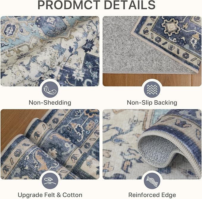2'6''x6 Runner Rugs for Hallway, Machine Washable Non Slip Vintage Rugs, Low Pile Lightweight Soft Print Rug for enrtyway, Corridor, Home Office, Kitchen, Center Blue