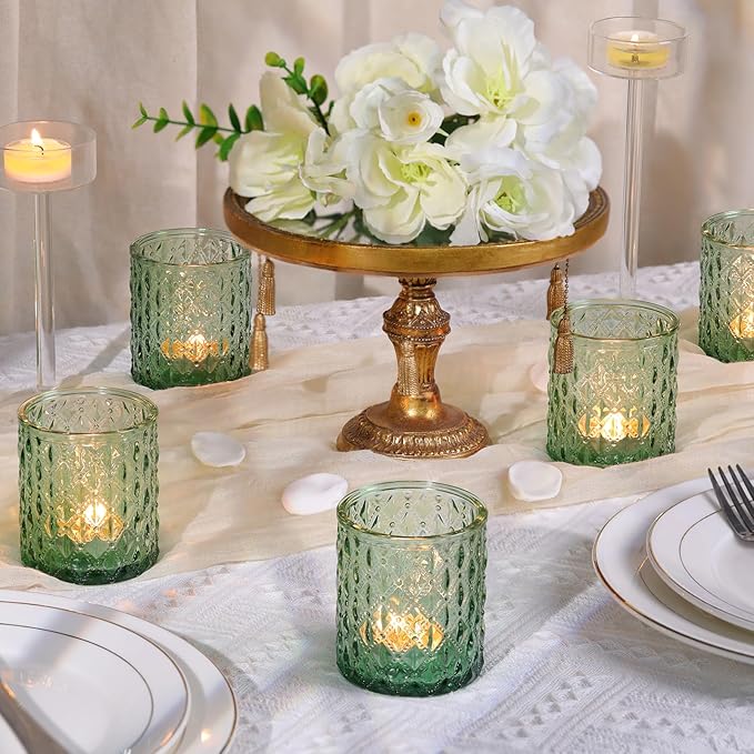 8Pcs Large Votive Candle Holders Green Tea Light Candle Holders Glass Candle Holder for Wedding, Bridal Shower, Table Centerpiece, Party, Home Decor