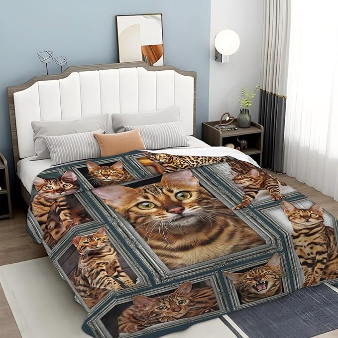 Tijuboni Bengal Cat Throw Blanket Cat Gifts for Girls Boys Women Men Kids Adults Soft Flannel Fleece Blanket for Couch Sofa Bed Home Decor 50"x60"