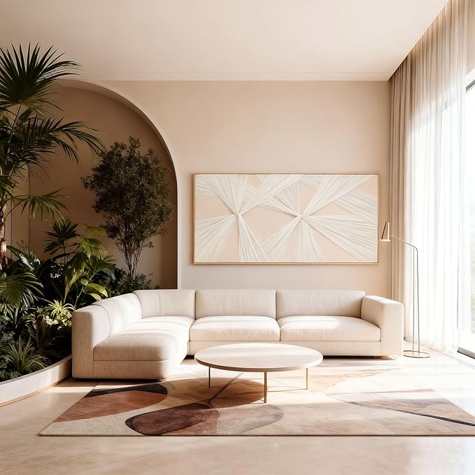 Artists' Handicraft, Large 3D Fabric Hand Painted Framed Abstract Wall Art, Minimalist Modern Luxury Artwork, Boho Modern Long Beige Wall Decor, Neutral Paintings for Living Room Bedroom Hallway Office, Horizontal, 54x27 In